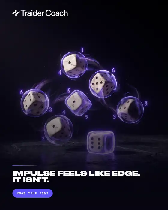 Traider Coach — marmurowe kości w fioletowej poświacie, hasło Impulse feels like edge