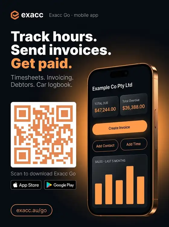 exacc — kreacja Exacc Go z pulpitem aplikacji i kodem QR