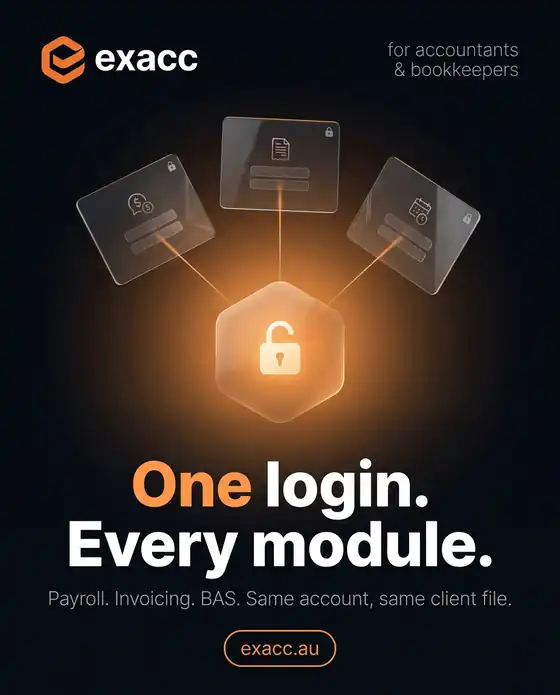 exacc — szklane karty modułów zbiegające się w kłódce, hasło One login. Every module.