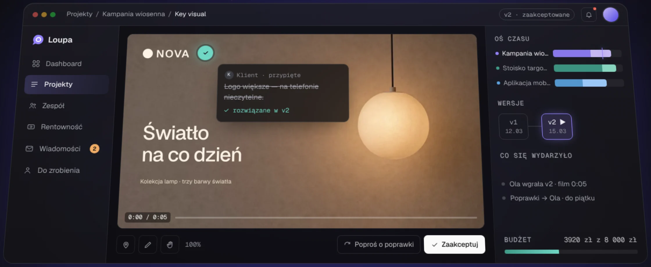 Loupa: pokój recenzji z komentarzem klienta przypiętym do kadru, wersjami v1 i v2 oraz budżetem projektu